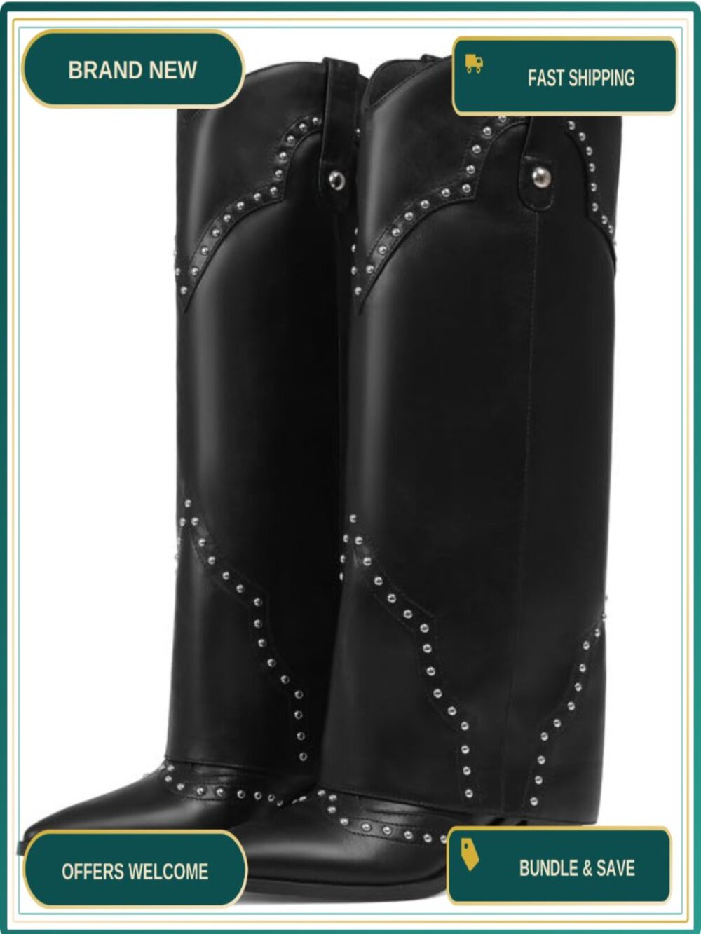 Cowboy Knee High Boots Women Fold Over Pointed Toe Chunky Heel